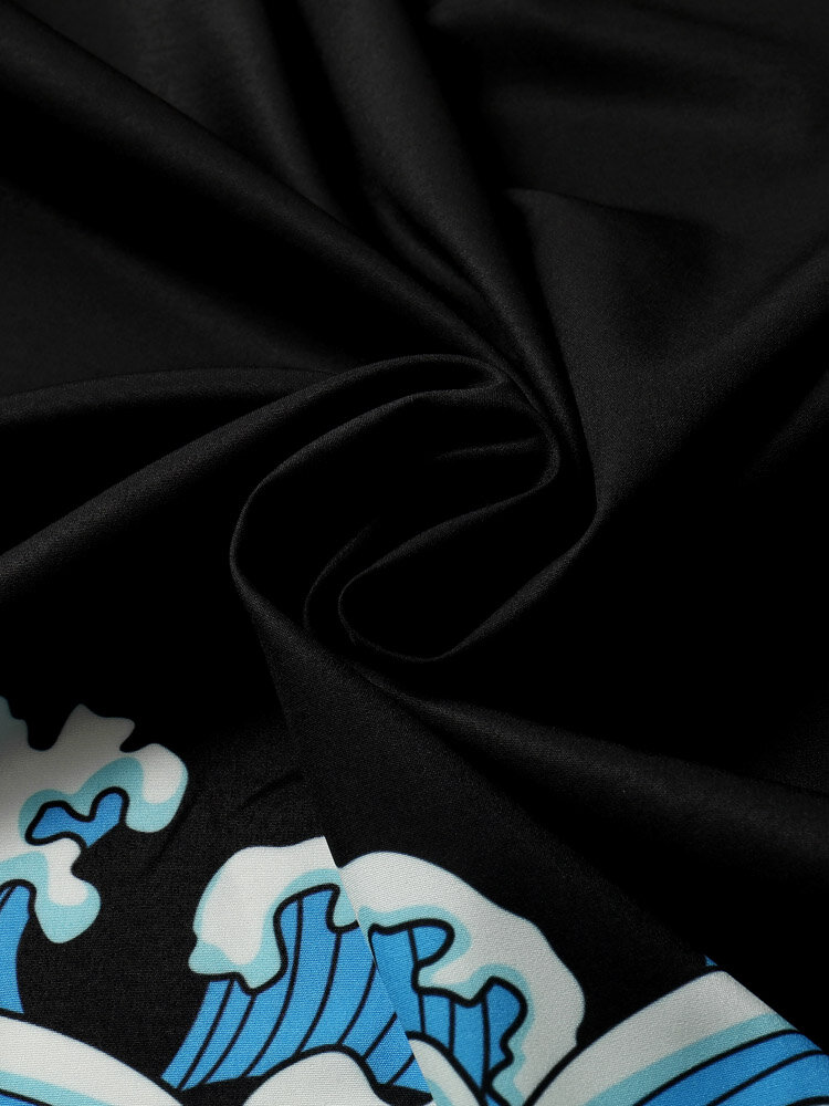 
	Mens Japanese Style Wave Print Open Front Kimono Two Pieces Outfits