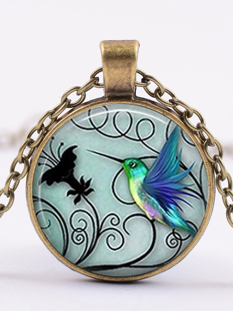
	Fashion Creative Blue Hummingbird Pendant Necklace Round Glass Women Necklace Jewelry Gifts