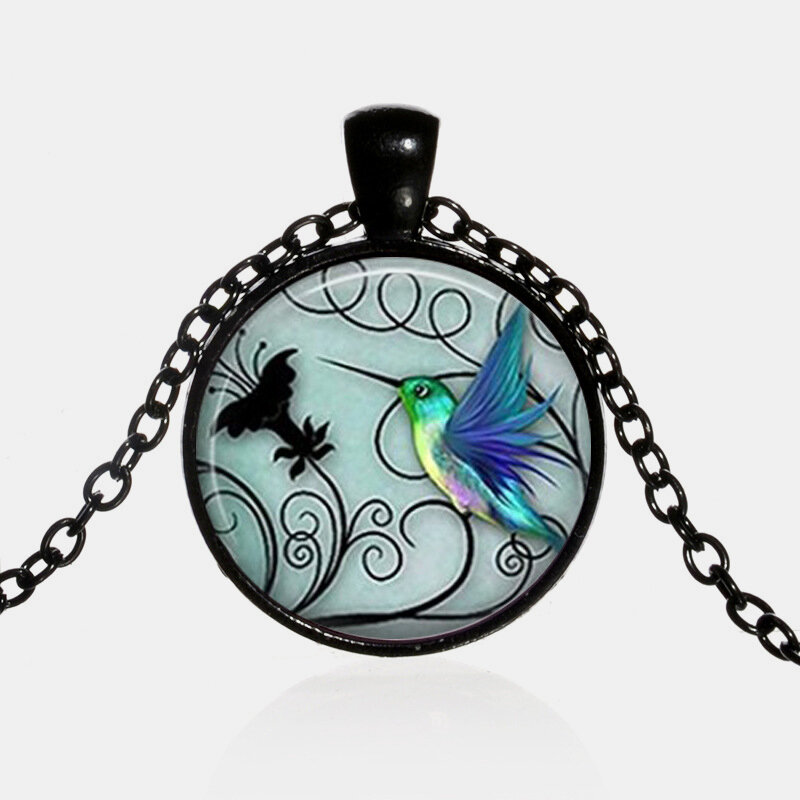 
	Fashion Creative Blue Hummingbird Pendant Necklace Round Glass Women Necklace Jewelry Gifts