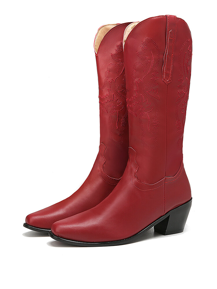 
	Plus Size Retro Women Pattern PU Western Embroidered Chunky Heel Mid-calf Cowboy Boots