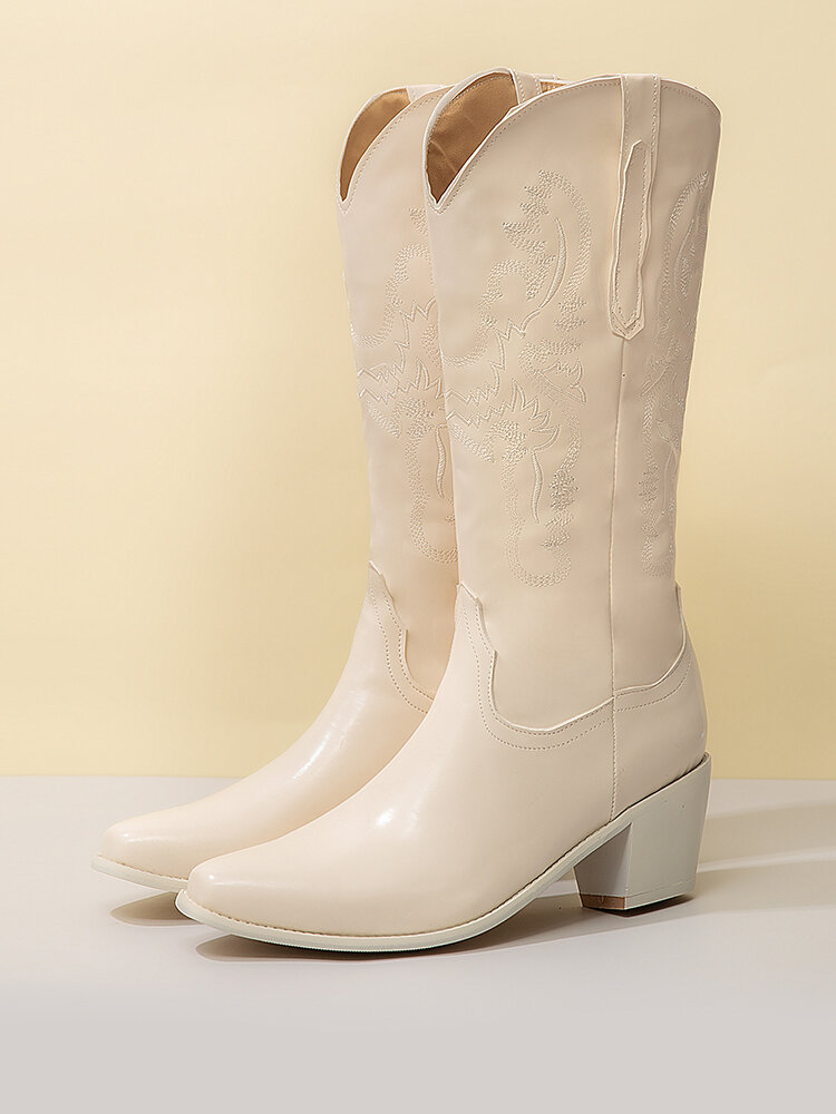 
	Plus Size Retro Women Pattern PU Western Embroidered Chunky Heel Mid-calf Cowboy Boots