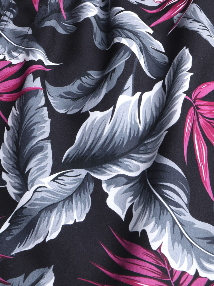 
	Mens Tropical Leaf Print Mesh Liner Drawstring Board Shorts