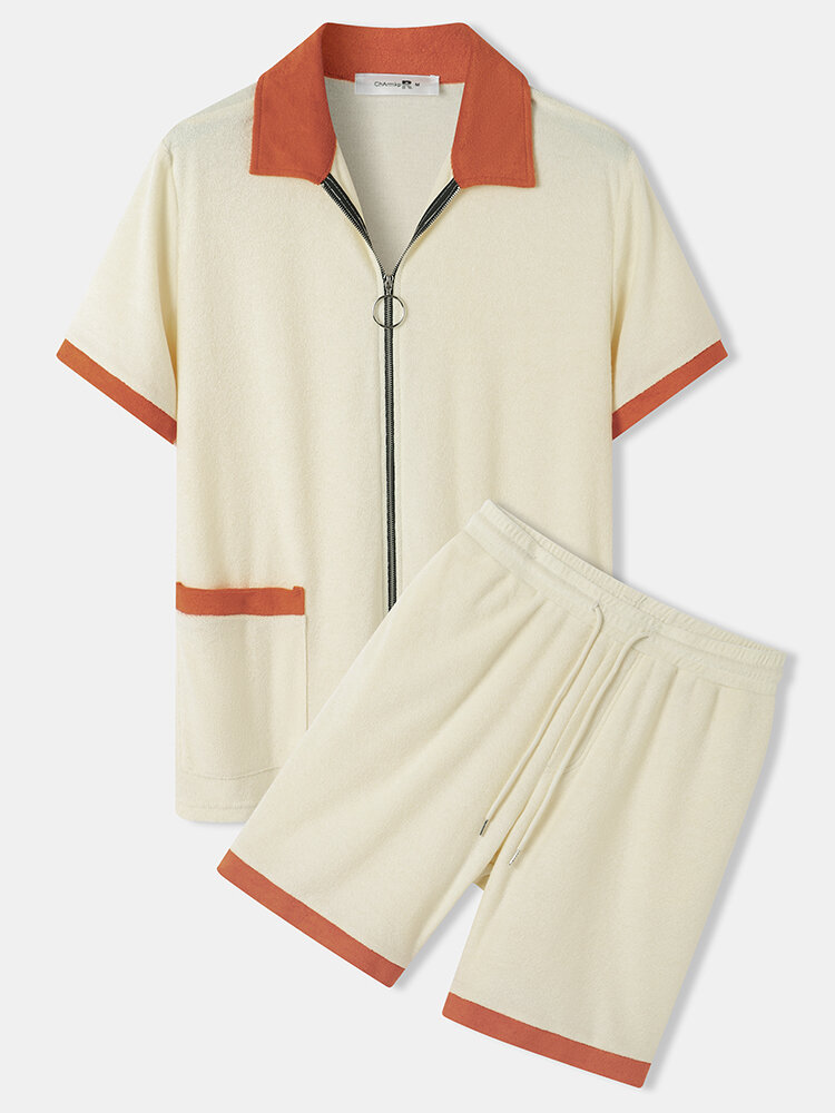 
	Mens Contrast Trims Patchwork Zip Front Towelling Street Two Pieces Outfits