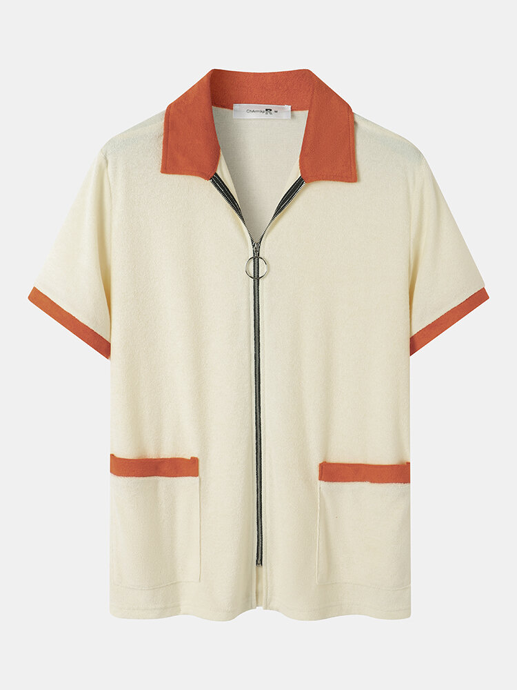 
	Mens Contrast Trims Patchwork Zip Front Towelling Street Two Pieces Outfits