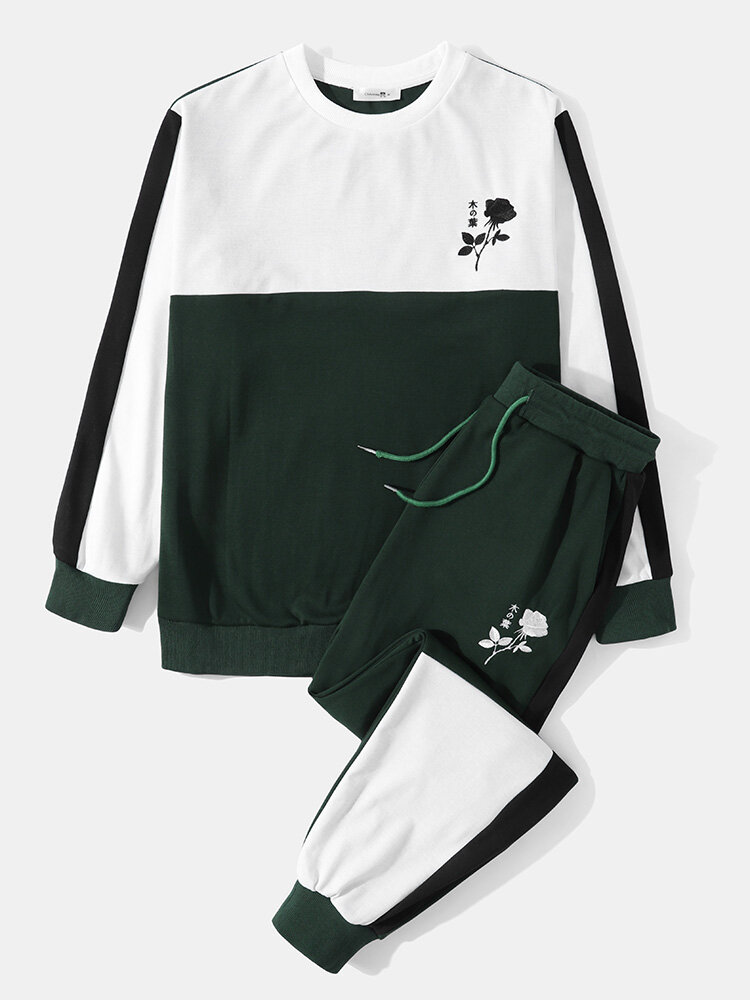 
	Mens Rose Japanese Embroidery Patchwork Sweatshirt Long Two Pieces Outfits