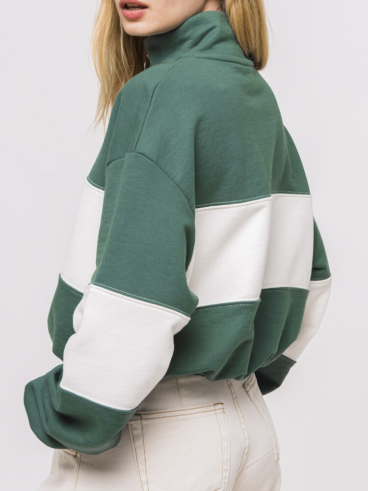 
	Patch Contrast Color Zipper Loose Pullover Sweatshirt For Women