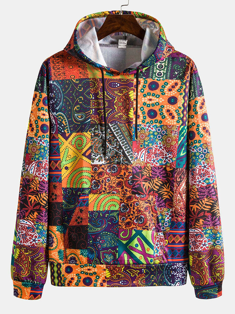 
	Vintage Patchwork Print Long Sleeve Drawstring Hoodie