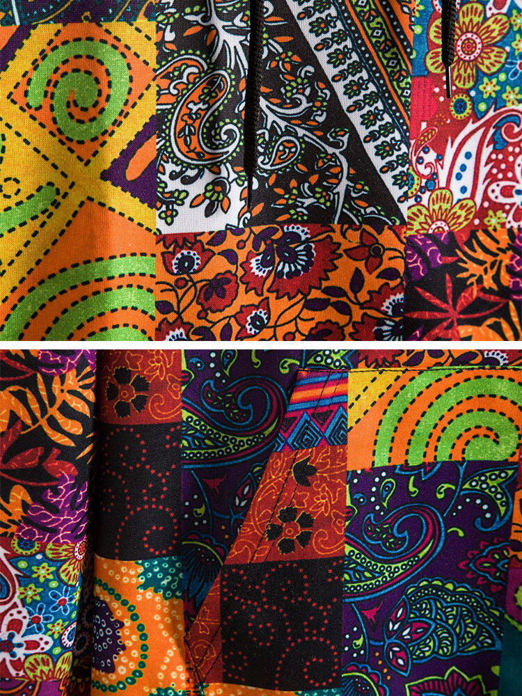 
	Vintage Patchwork Print Long Sleeve Drawstring Hoodie