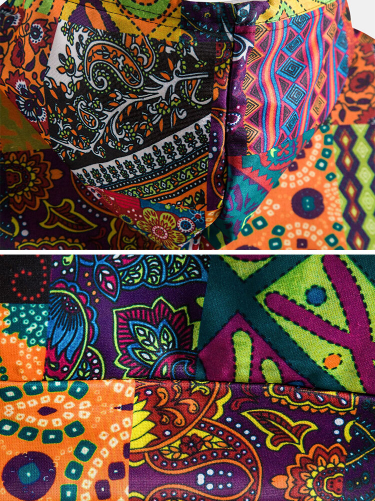 
	Vintage Patchwork Print Long Sleeve Drawstring Hoodie