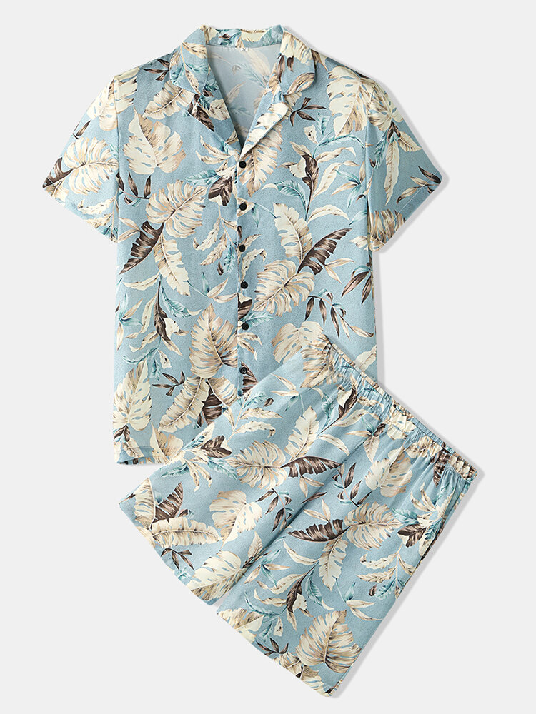 
	Men Tropical Leaves Print Loungewear Two Pieces Faux Silk Pajamas Lapeal Collar Thin Sleepwear