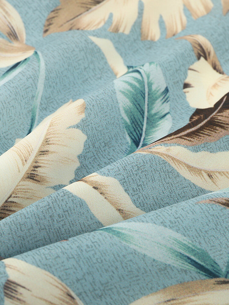 
	Men Tropical Leaves Print Loungewear Two Pieces Faux Silk Pajamas Lapeal Collar Thin Sleepwear