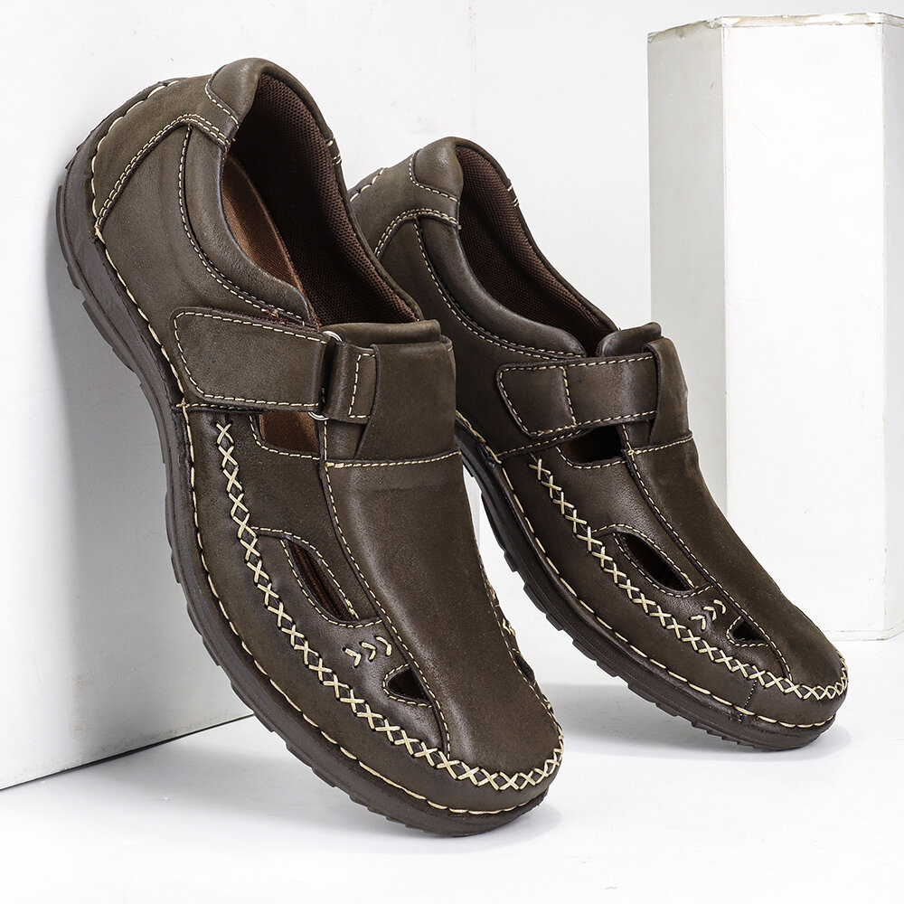
	Menico Men Retro Leather Stitching Non Slip Hook Loop Casual Sandals