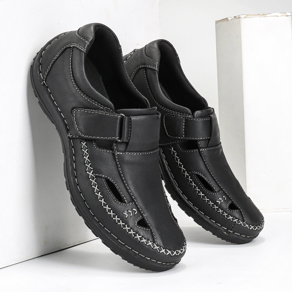 
	Menico Men Retro Leather Stitching Non Slip Hook Loop Casual Sandals