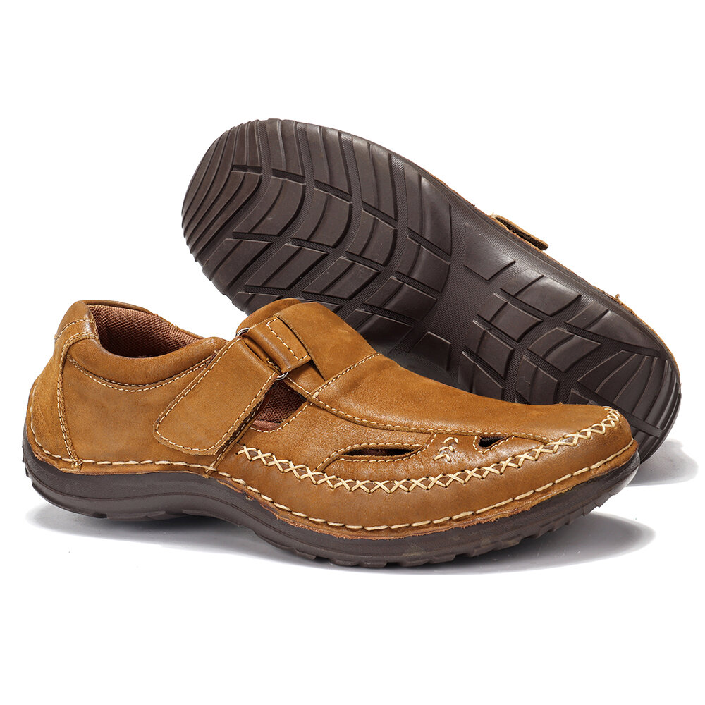 
	Menico Men Retro Leather Stitching Non Slip Hook Loop Casual Sandals
