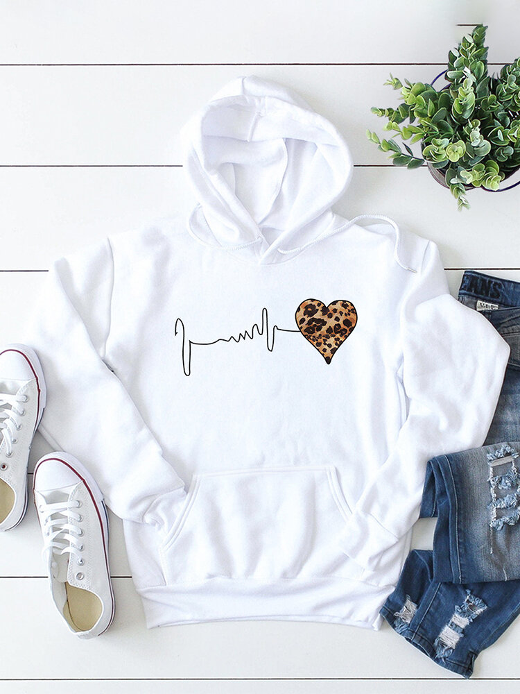 
	Leopard Heart Print Pocket Long Sleeves Casual Hoodie for Women