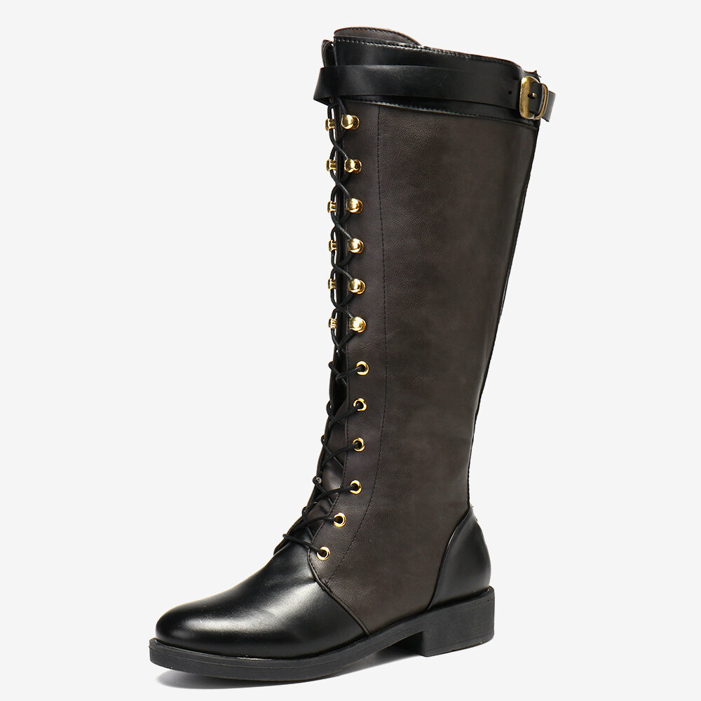 
	Plus Size PU Slip Resistant Stitcing Buckle Strap Lace Up Knee High Flat Boots