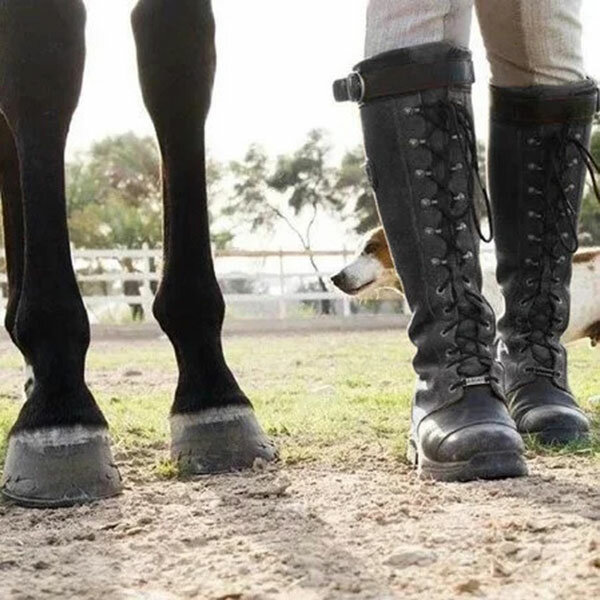 
	Plus Size PU Slip Resistant Stitcing Buckle Strap Lace Up Knee High Flat Boots