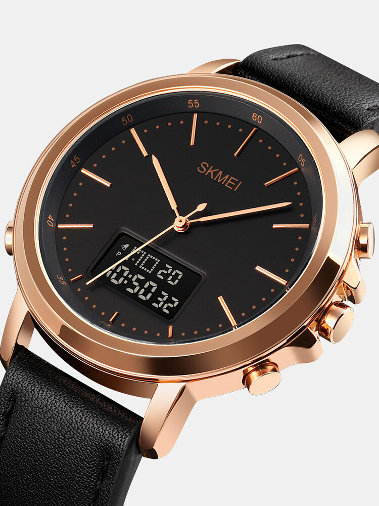 
	Leather Alarm Stopwatch Sport Watch Luminous Display Men Waterproof Dual Display Digital Watch