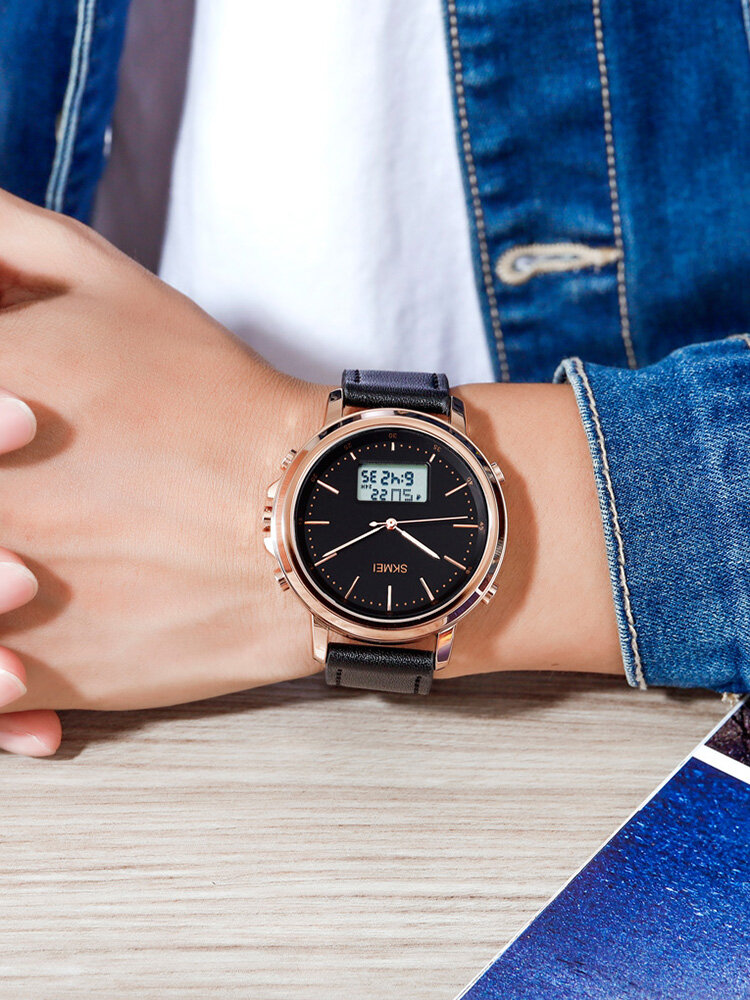 
	Leather Alarm Stopwatch Sport Watch Luminous Display Men Waterproof Dual Display Digital Watch