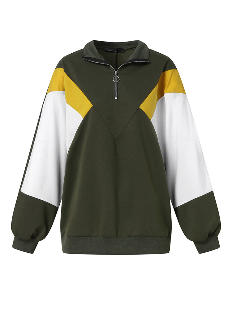 
	Women Contrast Color Patchwork Zip Front Casual Sweatshirt
