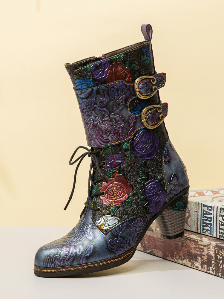 
	SOCOFY Vintage Floral Embossed Genuine Leather Warm Lining Casual Chunky Heel Boots