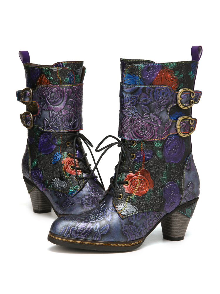 
	SOCOFY Vintage Floral Embossed Genuine Leather Warm Lining Casual Chunky Heel Boots