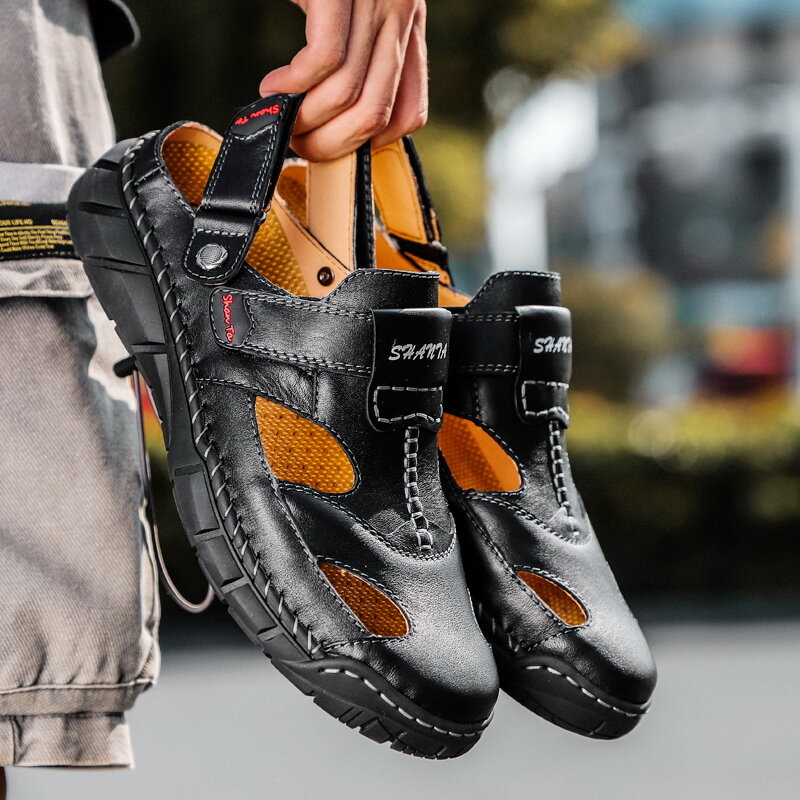 
	Men Genuine Leather Non Slip Hand Stitching Soft Sole Casual Sandals