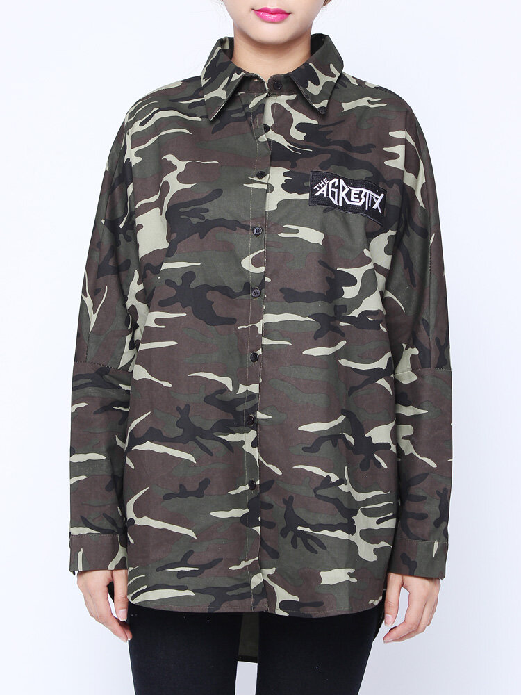 
	Loose Long Sleeve Button Letter Printed Cardigan Trench Coat