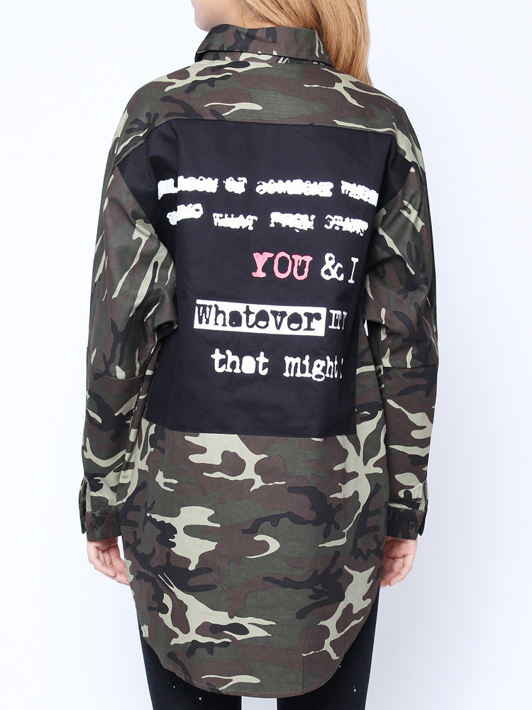 
	Loose Long Sleeve Button Letter Printed Cardigan Trench Coat