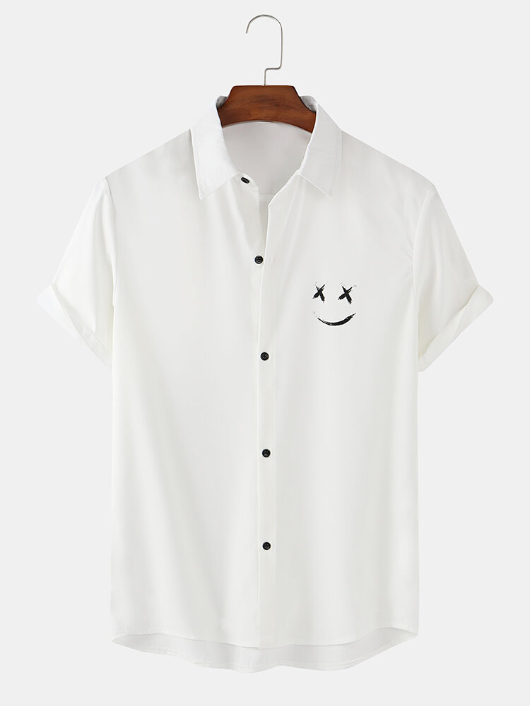 
	Mens Solid Color Smile Face Print Loose Light Short Sleeve Shirts
