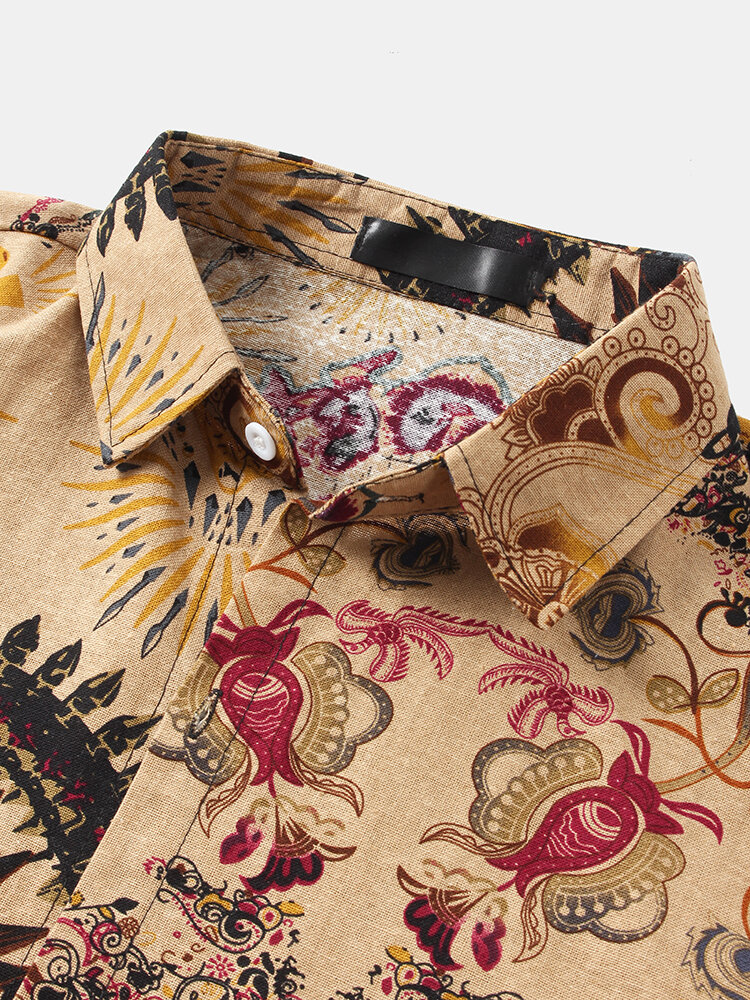 
	Mens Thin & Breathable Cotton Tribal Pattern Vintage Lapel Holiday Casual Shirt