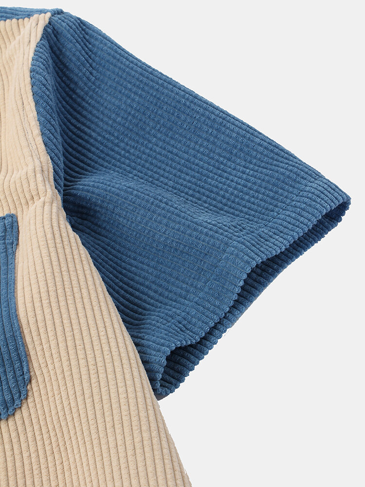 
	Mens Two Tone Corduroy Splice Stand Collar Short Sleeve Shirts