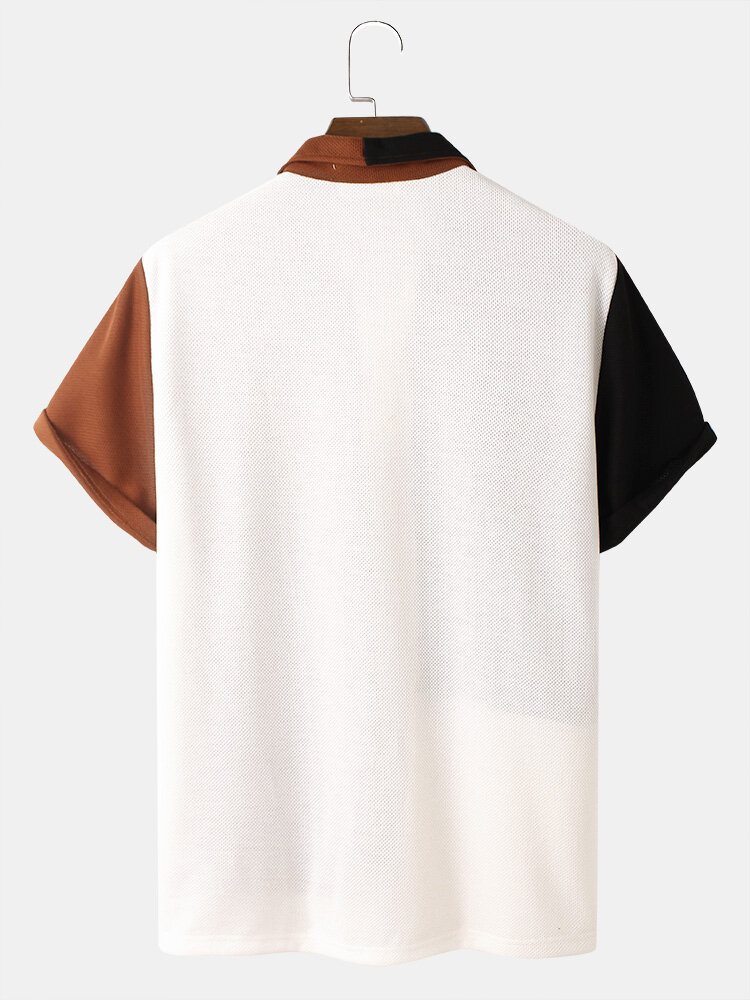 
	Mens Tricolor Knitted Lapel Short Sleeve Regular Hem Shirt