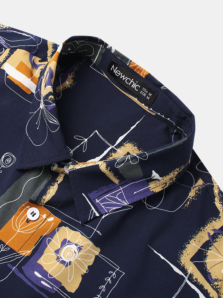 
	Mens Vintage Line Drawing Flower Print Street Short Sleeve Shirts