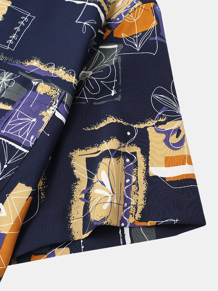 
	Mens Vintage Line Drawing Flower Print Street Short Sleeve Shirts