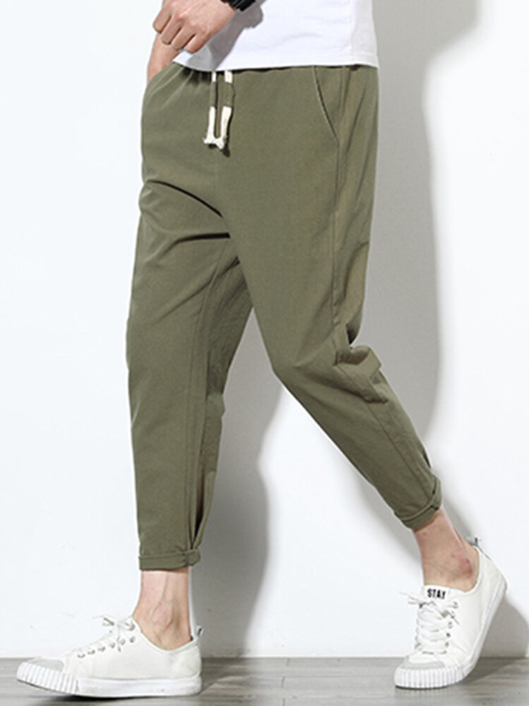 
	Mens Cotton Linen Solid Color Slim Fit Casual Pants