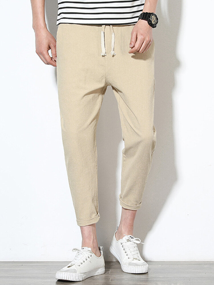 
	Mens Cotton Linen Solid Color Slim Fit Casual Pants