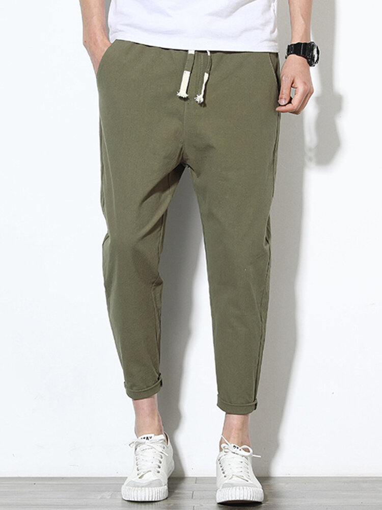 
	Mens Cotton Linen Solid Color Slim Fit Casual Pants