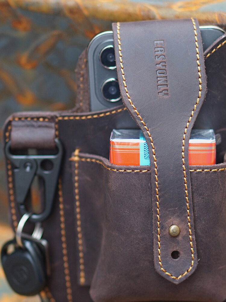 
	Men EDC Genuine Leather Keychain Holder 6.5 Inch Phone Bag Waist Bag Wallet