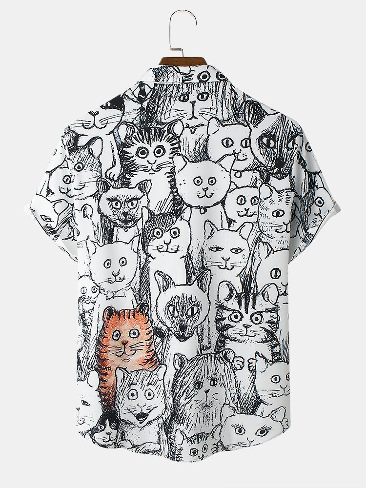 
	Mens Halloween Allover Funny Cat Print Casual Loose Fit Short Sleeve Shirts