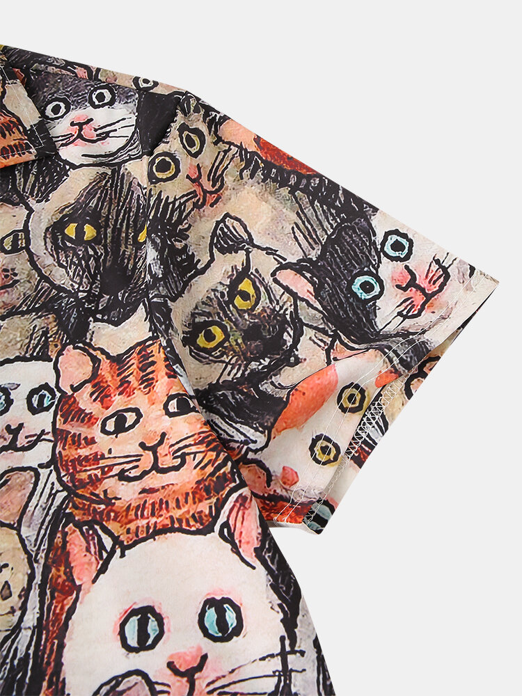 
	Mens Halloween Allover Funny Cat Print Casual Loose Fit Short Sleeve Shirts