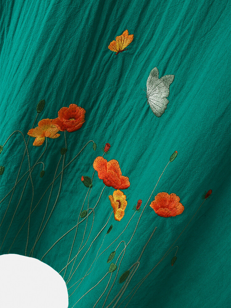 
	Flower Embroidery Button Half Sleeve Blouse For Women