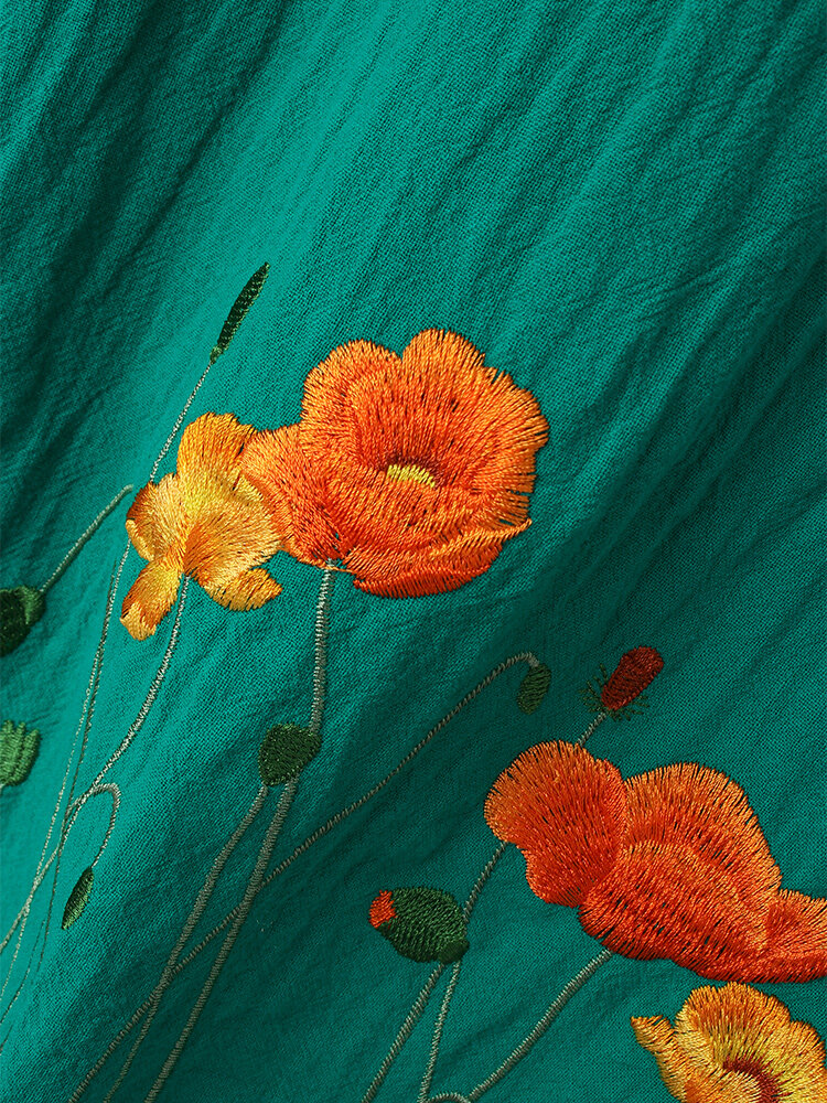 
	Flower Embroidery Button Half Sleeve Blouse For Women