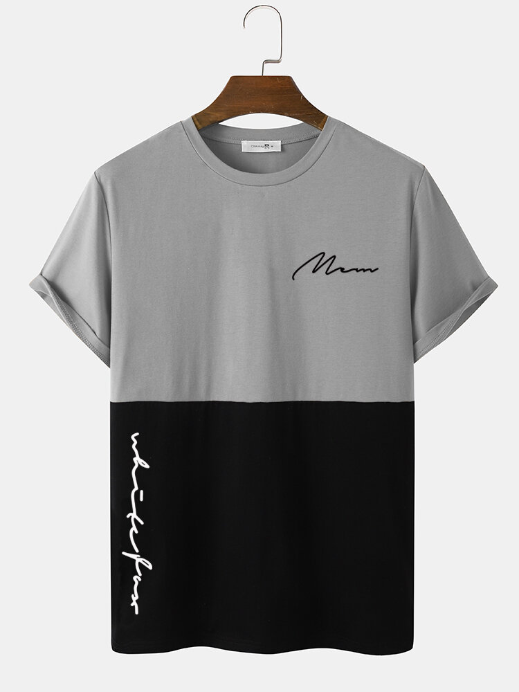 
	Mens Script Print Two Tone Stitching Casual Short Sleeve T-Shirts