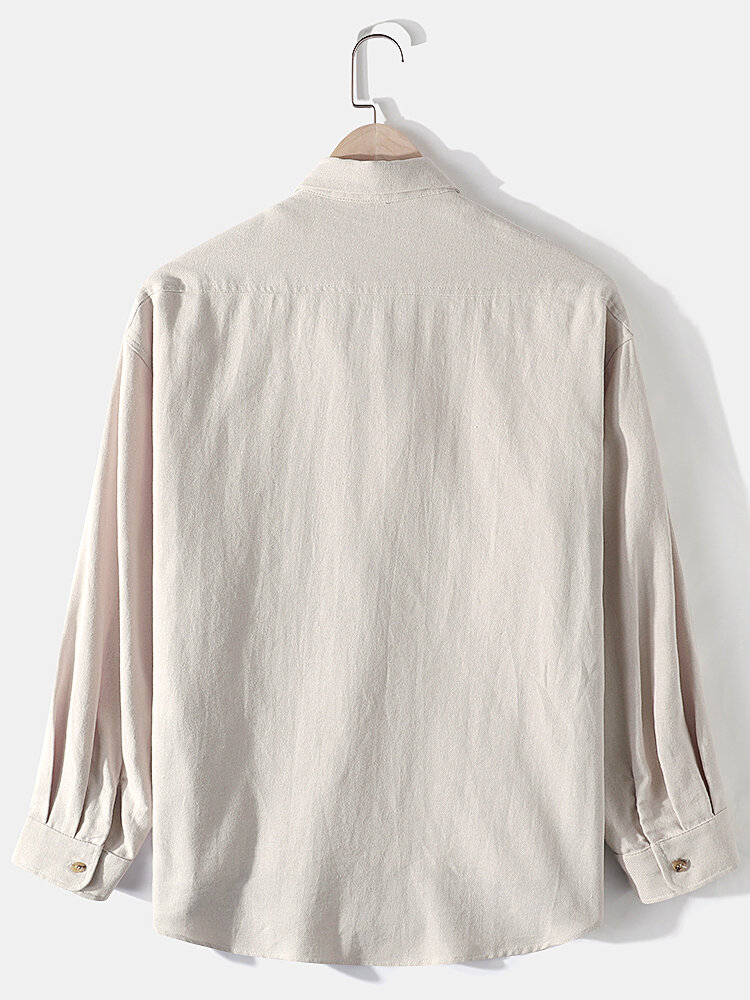 
	Mens 100% Cotton Colorblock Patchwork Loose Chest Pockets Long Sleeve Shirts