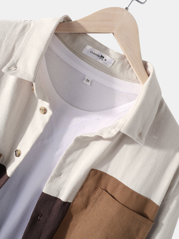 
	Mens 100% Cotton Colorblock Patchwork Loose Chest Pockets Long Sleeve Shirts
