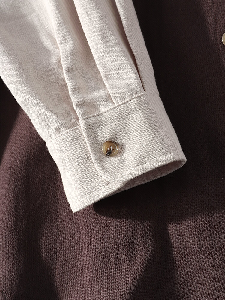 
	Mens 100% Cotton Colorblock Patchwork Loose Chest Pockets Long Sleeve Shirts