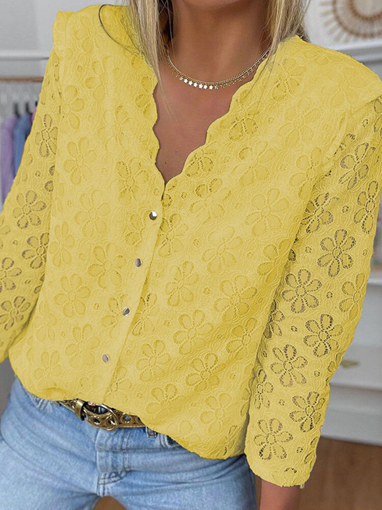 
	Solid Lace Button V-neck Long Sleeve Blouse For Women