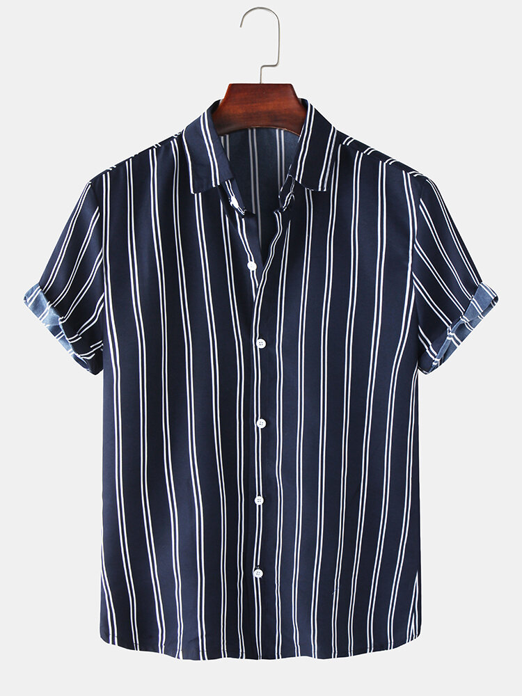 
	Mens Basic Stripes Print Loose Casual Light Short Sleeve Shirts
