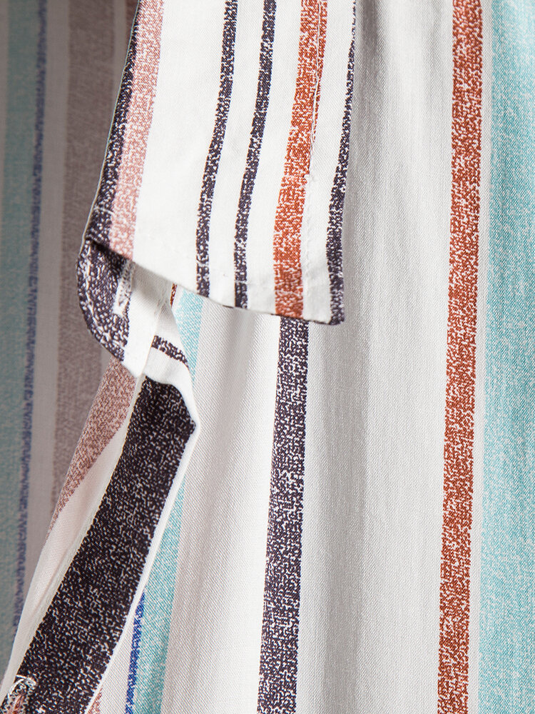 
	Mens Stripe Print Short Sleeve Lapel Regular Hem Preppy Shirt